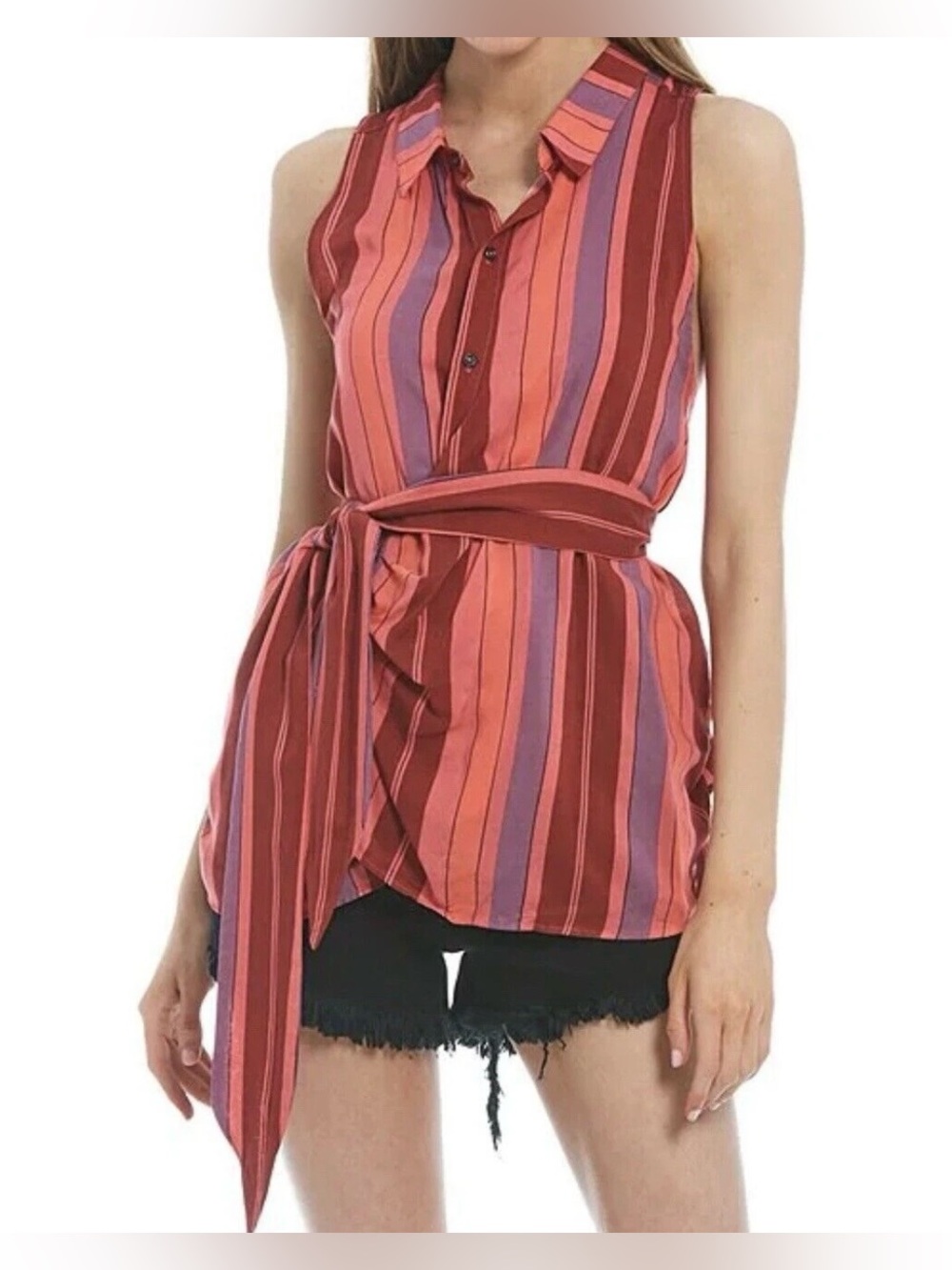 Free People Pink, Red and Purple Striped Sleeveless Wrap Blouse - Size L NWT